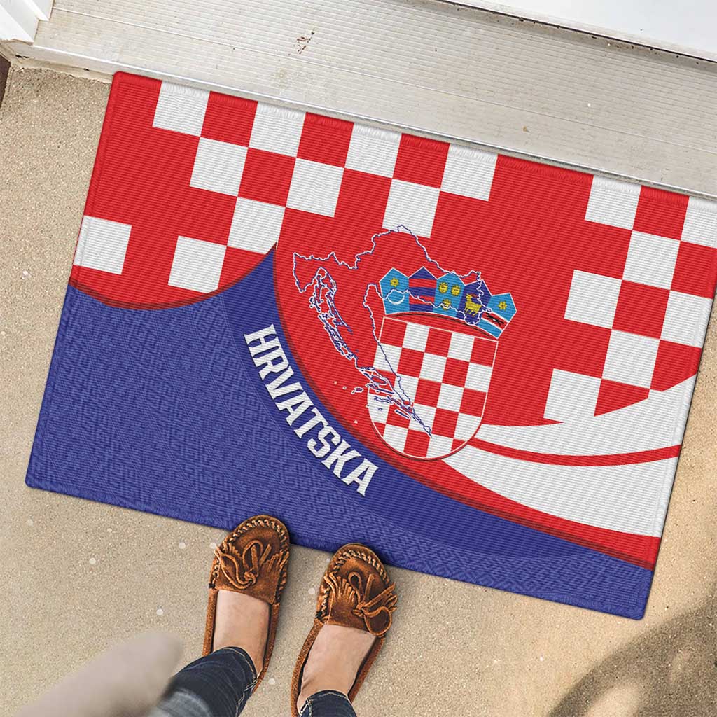 Croatia National Day Rubber Doormat Hrvatska Checkerboard With Slavic Pattern