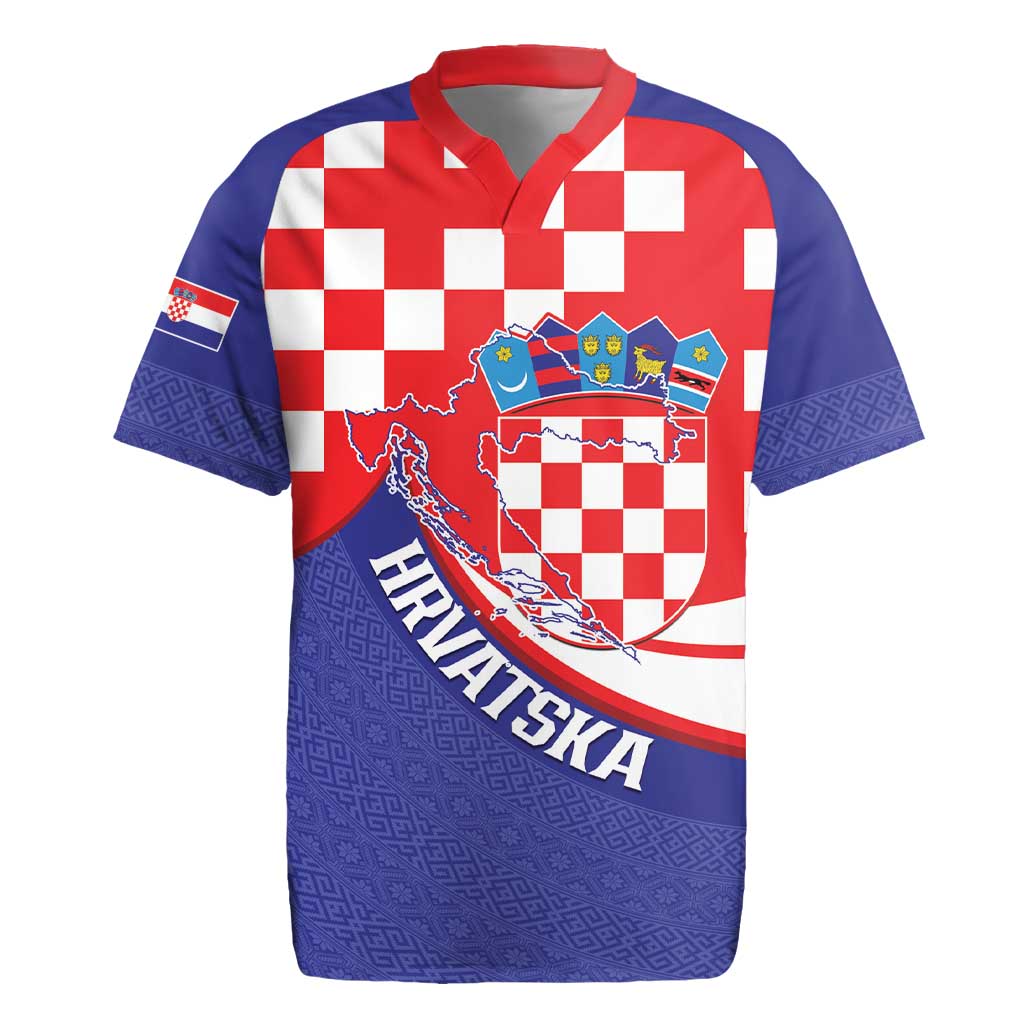 Croatia National Day Rugby Jersey Hrvatska Checkerboard With Slavic Pattern