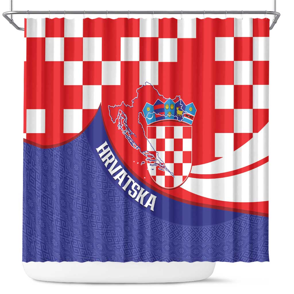 Croatia National Day Shower Curtain Hrvatska Checkerboard With Slavic Pattern