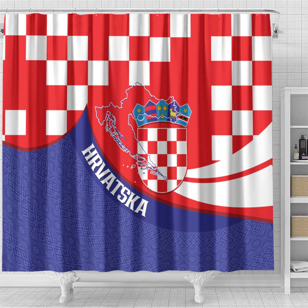 Croatia National Day Shower Curtain Hrvatska Checkerboard With Slavic Pattern