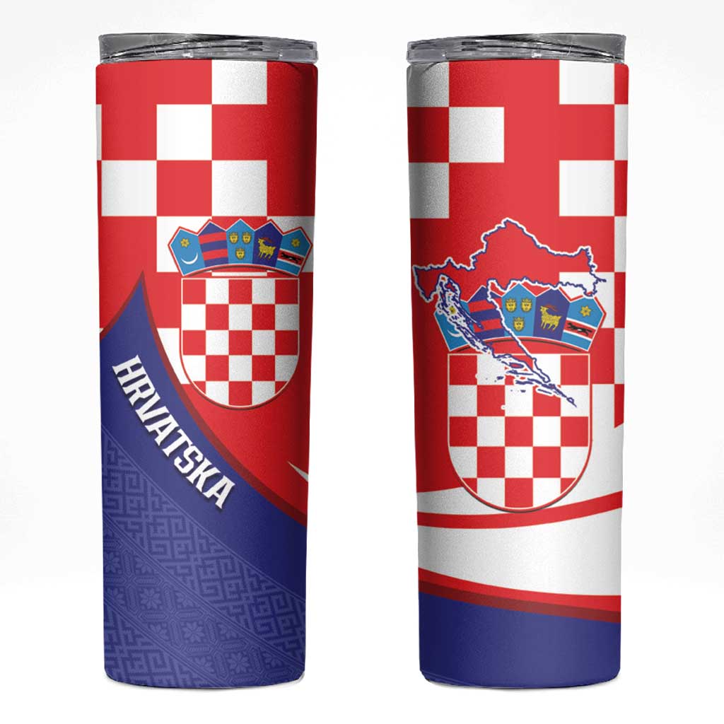 Croatia National Day Skinny Tumbler Hrvatska Checkerboard With Slavic Pattern
