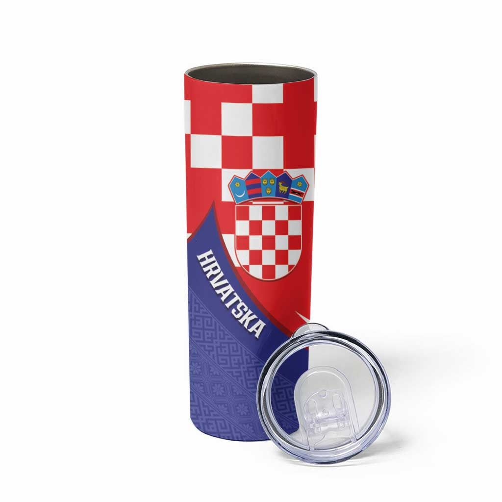 Croatia National Day Skinny Tumbler Hrvatska Checkerboard With Slavic Pattern