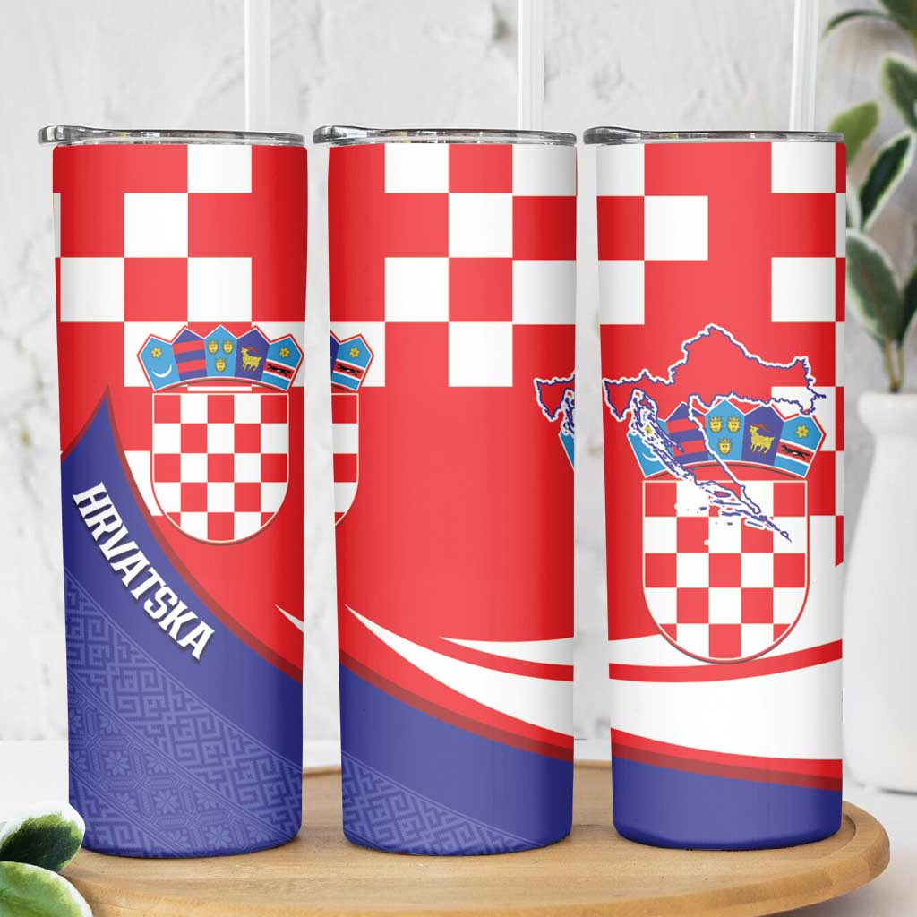 Croatia National Day Skinny Tumbler Hrvatska Checkerboard With Slavic Pattern