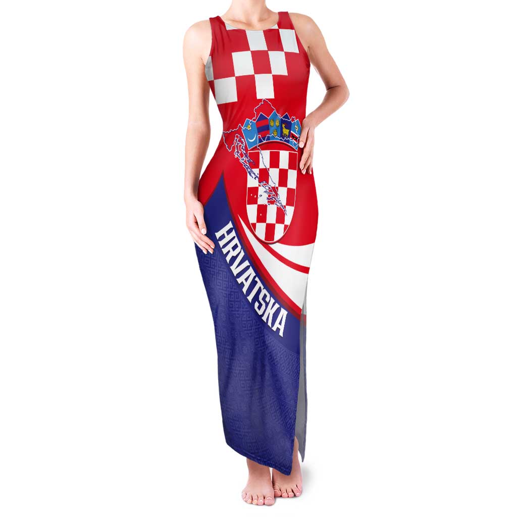 Croatia National Day Tank Maxi Dress Hrvatska Checkerboard With Slavic Pattern