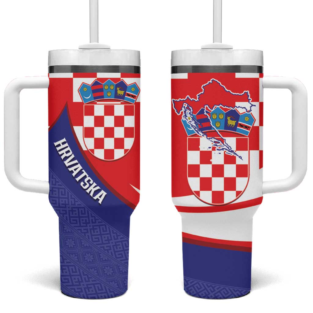 Croatia National Day Tumbler With Handle Hrvatska Checkerboard With Slavic Pattern