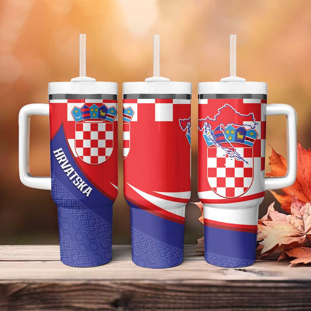 Croatia National Day Tumbler With Handle Hrvatska Checkerboard With Slavic Pattern