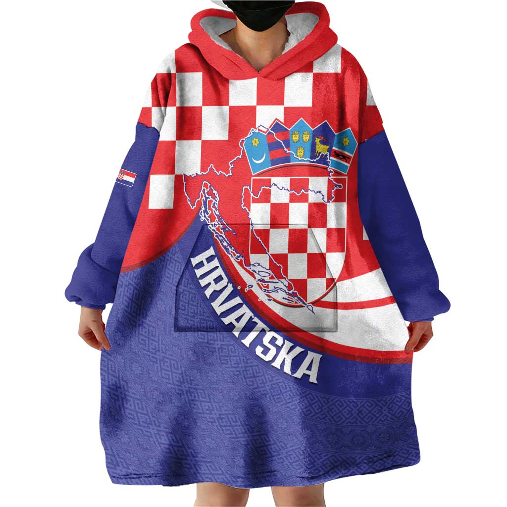Croatia National Day Wearable Blanket Hoodie Hrvatska Checkerboard With Slavic Pattern