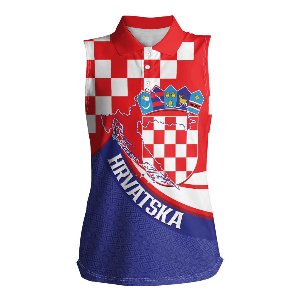 Croatia National Day Women Sleeveless Polo Shirt Hrvatska Checkerboard With Slavic Pattern