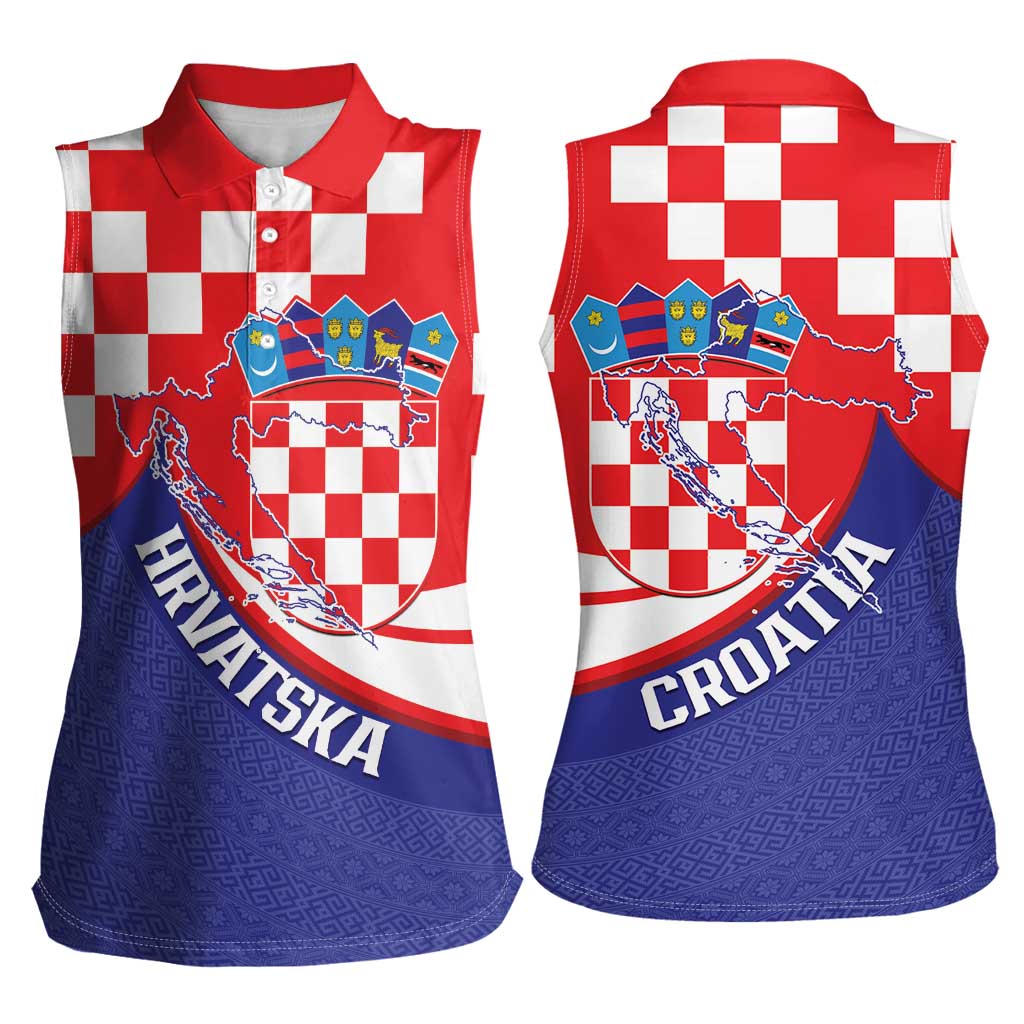 Croatia National Day Women Sleeveless Polo Shirt Hrvatska Checkerboard With Slavic Pattern