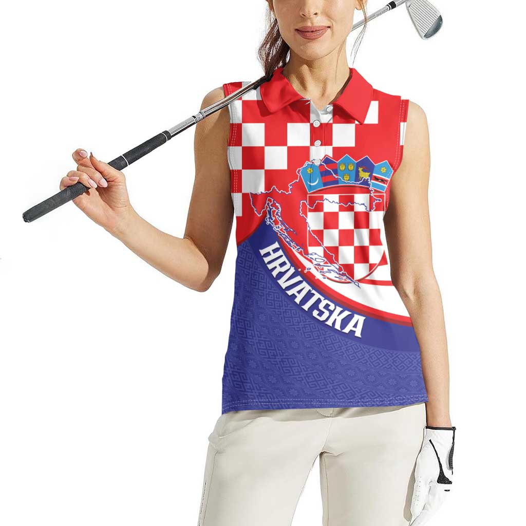 Croatia National Day Women Sleeveless Polo Shirt Hrvatska Checkerboard With Slavic Pattern