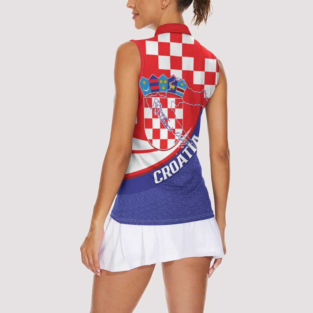 Croatia National Day Women Sleeveless Polo Shirt Hrvatska Checkerboard With Slavic Pattern