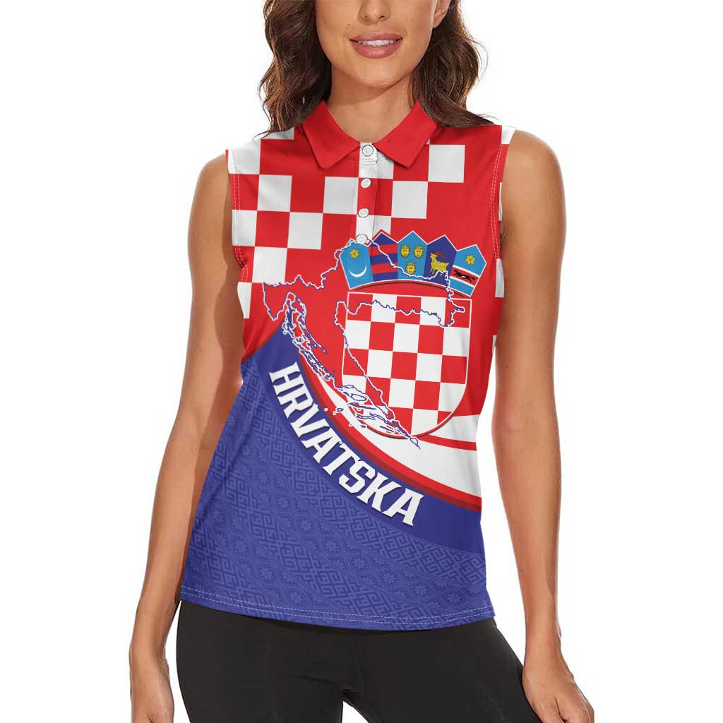 Croatia National Day Women Sleeveless Polo Shirt Hrvatska Checkerboard With Slavic Pattern
