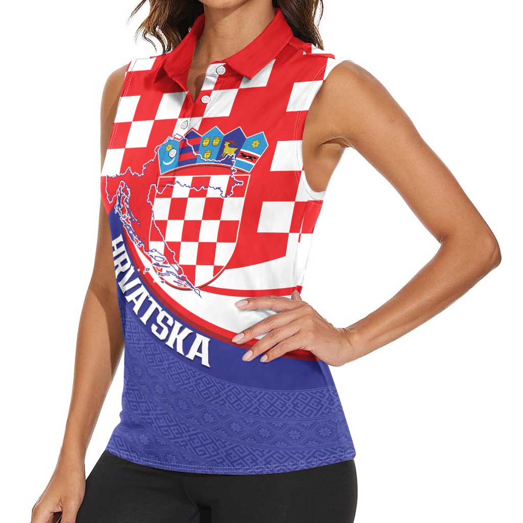 Croatia National Day Women Sleeveless Polo Shirt Hrvatska Checkerboard With Slavic Pattern