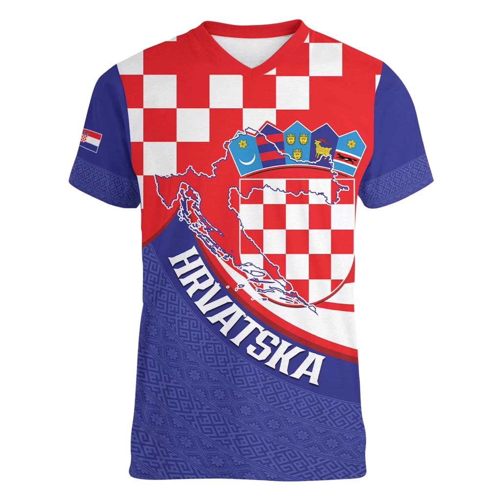 Croatia National Day Women V-Neck T-Shirt Hrvatska Checkerboard With Slavic Pattern