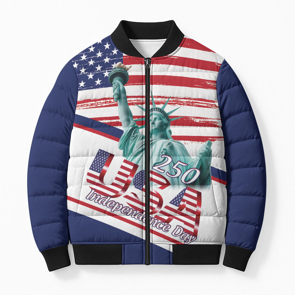 4th Of July United States Bomber Puffer Jacket USA 250 Years Anniversary Statue Of Liberty