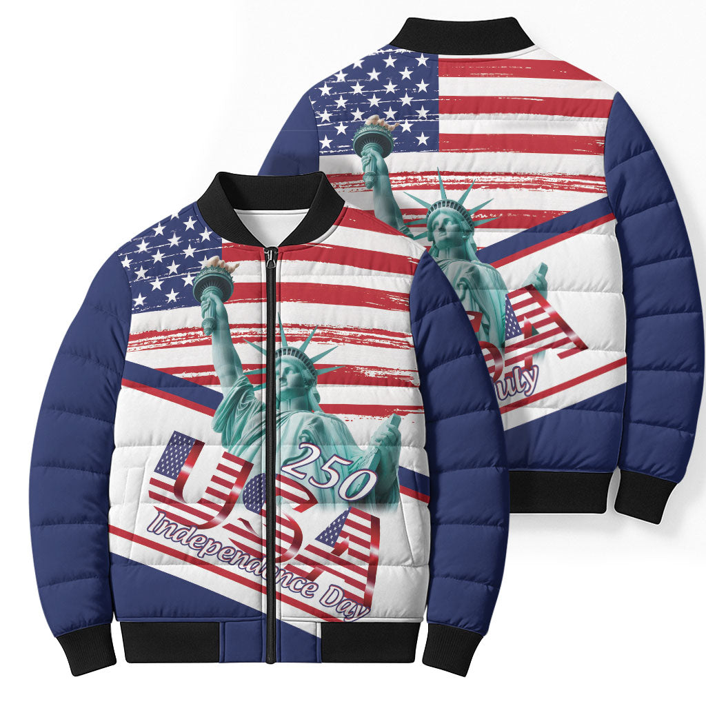 4th Of July United States Bomber Puffer Jacket USA 250 Years Anniversary Statue Of Liberty