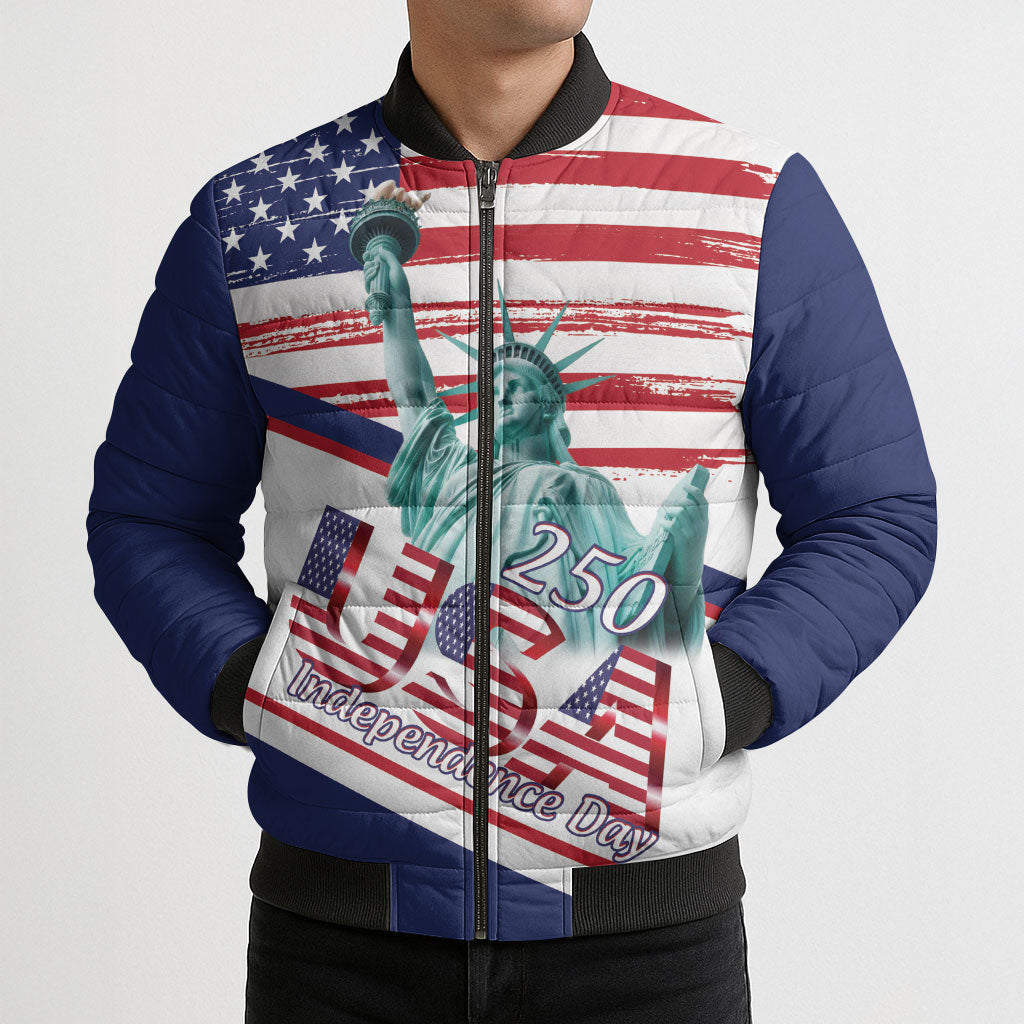 4th Of July United States Bomber Puffer Jacket USA 250 Years Anniversary Statue Of Liberty