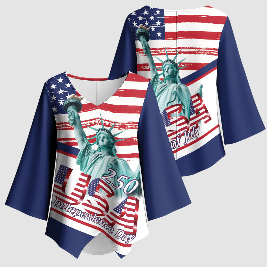 4th Of July United States Kimono Sleeve Blouse USA 250 Years Anniversary Statue Of Liberty