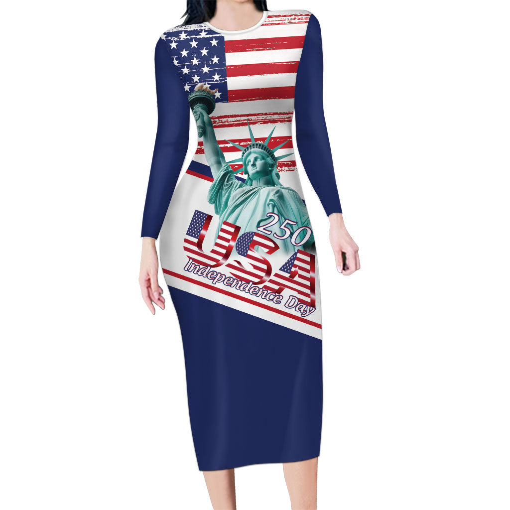 4th Of July United States Long Sleeve Bodycon Dress USA 250 Years Anniversary Statue Of Liberty