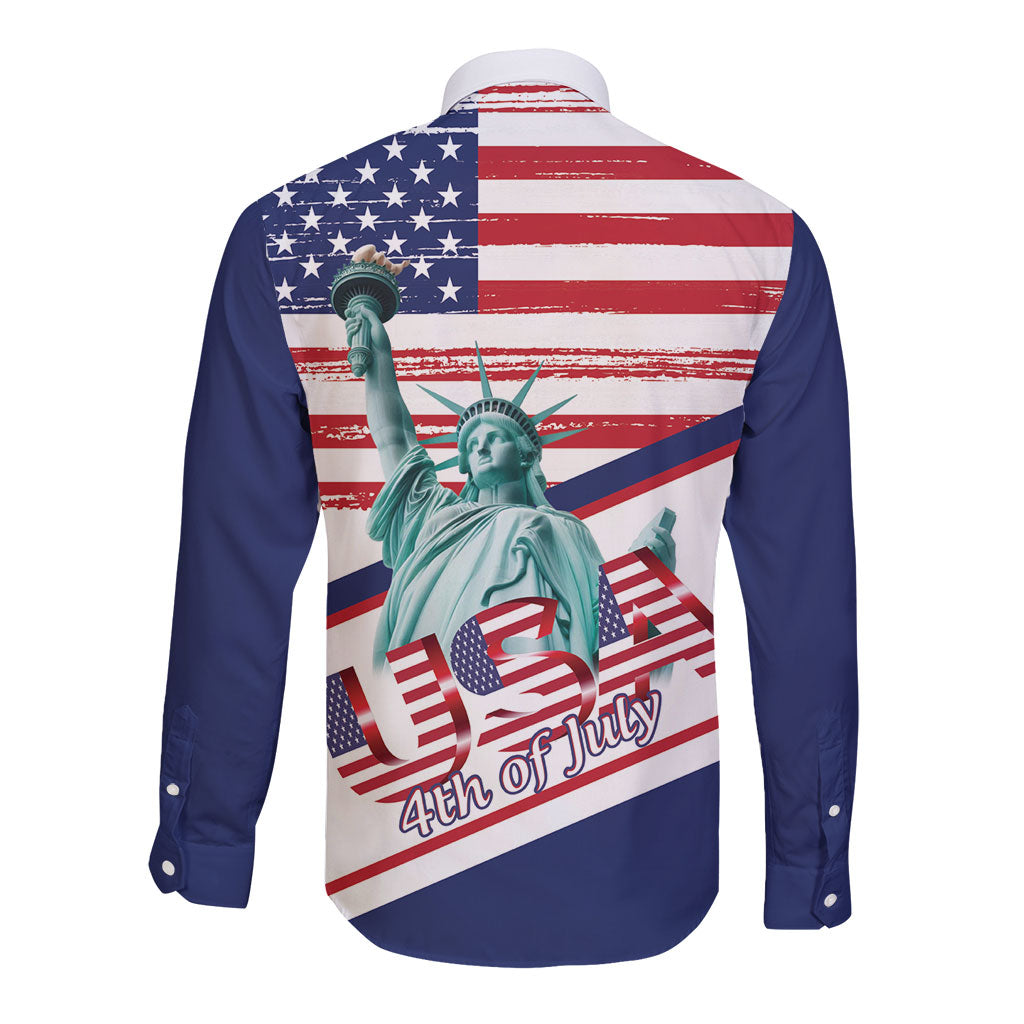 4th Of July United States Long Sleeve Button Shirt USA 250 Years Anniversary Statue Of Liberty