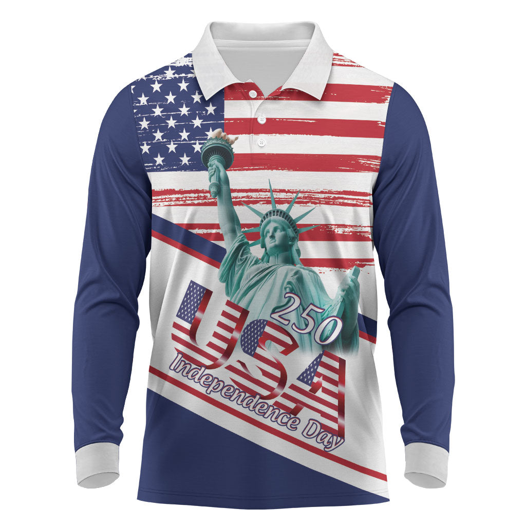 4th Of July United States Long Sleeve Polo Shirt USA 250 Years Anniversary Statue Of Liberty