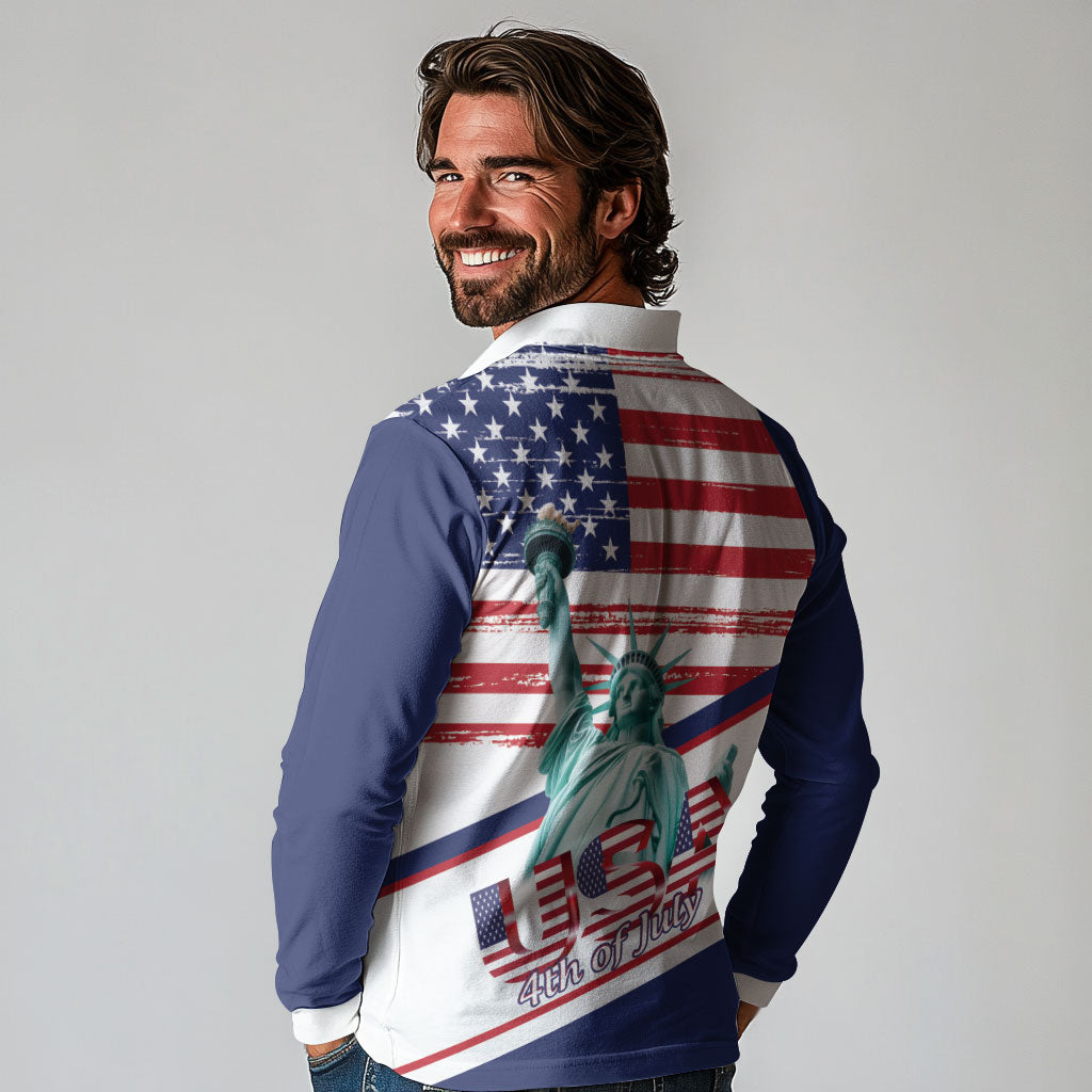 4th Of July United States Long Sleeve Polo Shirt USA 250 Years Anniversary Statue Of Liberty