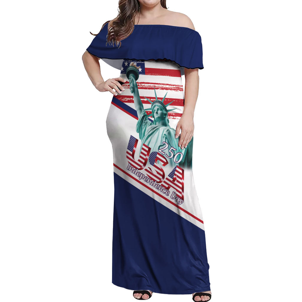 4th Of July United States Off Shoulder Maxi Dress USA 250 Years Anniversary Statue Of Liberty
