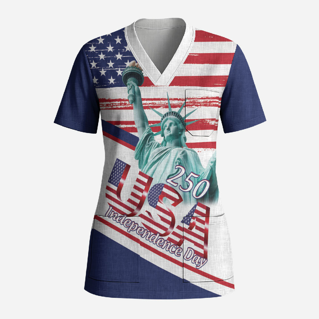4th Of July United States Scrub Top USA 250 Years Anniversary Statue Of Liberty