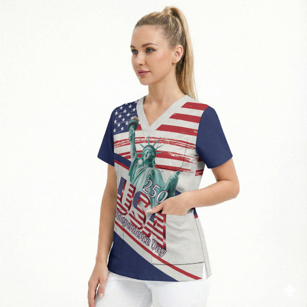 4th Of July United States Scrub Top USA 250 Years Anniversary Statue Of Liberty