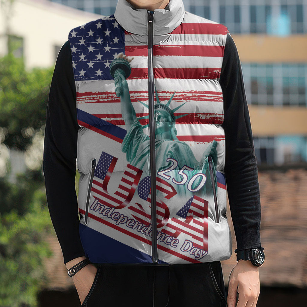 4th Of July United States Sleeveless Puffer Jacket USA 250 Years Anniversary Statue Of Liberty