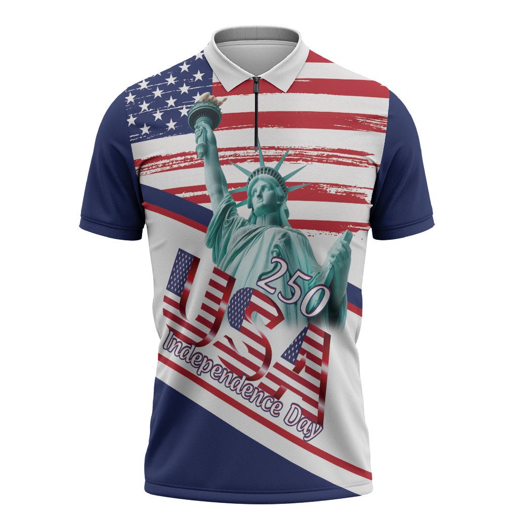 4th Of July United States Zipper Polo Shirt USA 250 Years Anniversary Statue Of Liberty