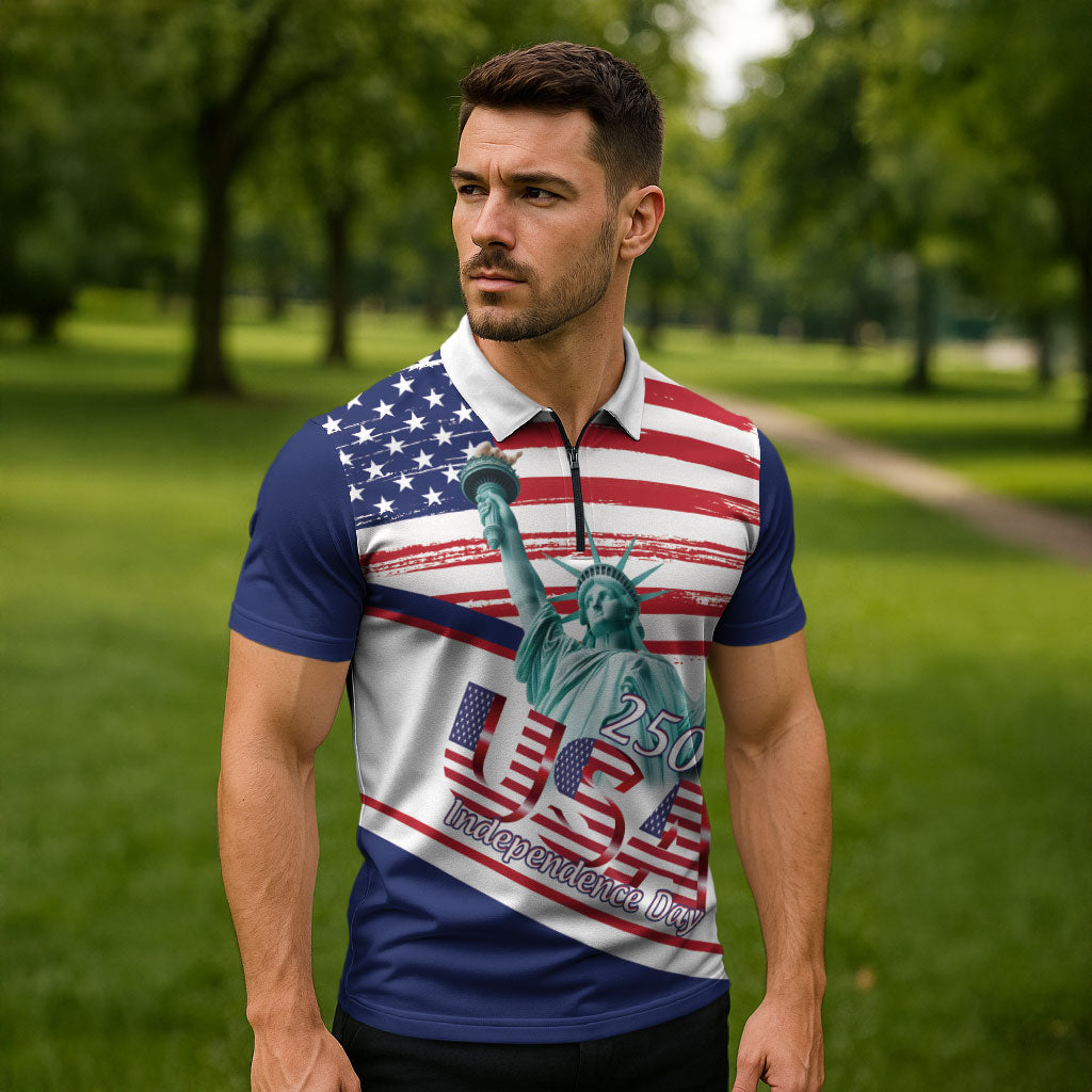 4th Of July United States Zipper Polo Shirt USA 250 Years Anniversary Statue Of Liberty