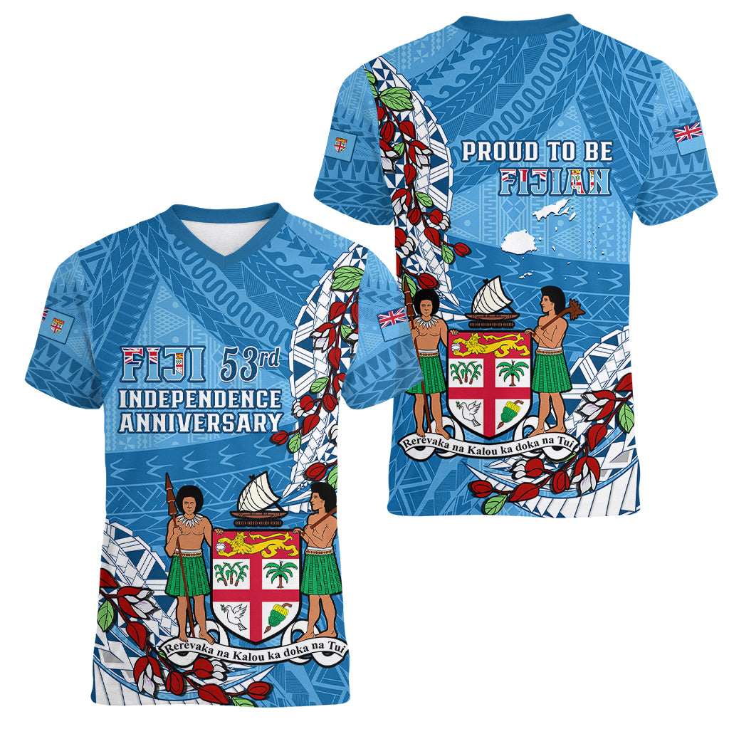 Fiji Day Women V Neck T Shirt Fijian Tagimaucia Flower Polynesian Mix Tapa Pattern - Wonder Print Shop