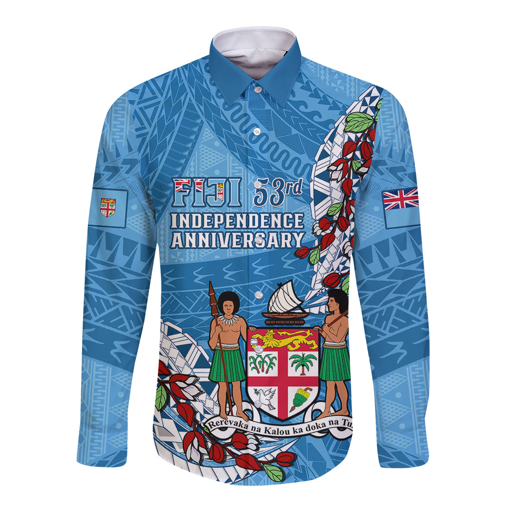 Personalised Fiji Day Long Sleeve Button Shirt Fijian Tagimaucia Flower Polynesian Mix Tapa Pattern - Wonder Print Shop