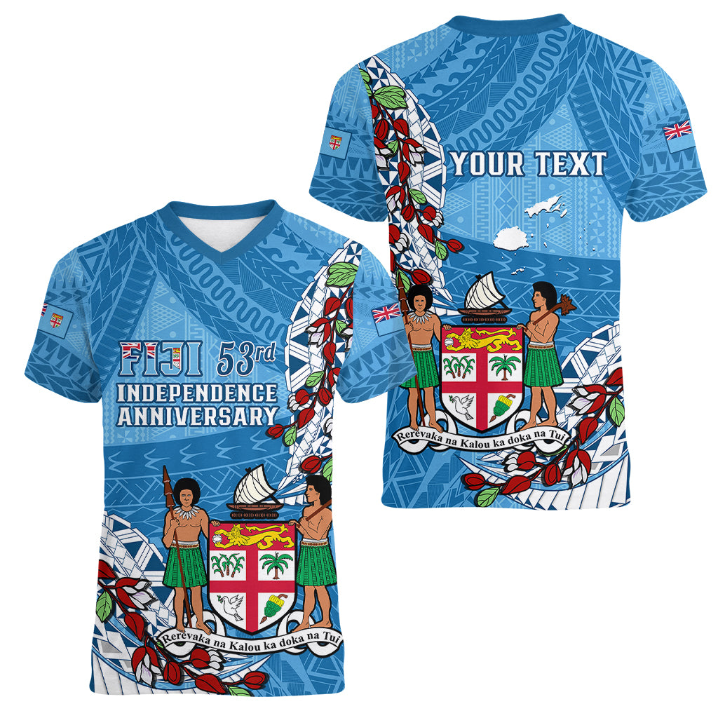 Personalised Fiji Day Women V Neck T Shirt Fijian Tagimaucia Flower Polynesian Mix Tapa Pattern - Wonder Print Shop