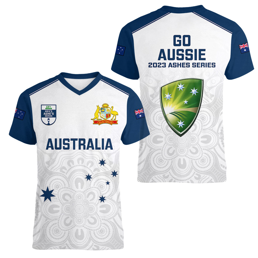 Australia Cricket Women V Neck T Shirt 2023 Ashes Go Aussie Indigenous Art - Wonder Print Shop