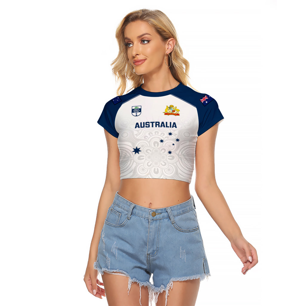 Personalised Australia Cricket Raglan Cropped T Shirt 2023 Ashes Go Aussie Indigenous Art - Wonder Print Shop