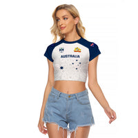 Personalised Australia Cricket Raglan Cropped T Shirt 2023 Ashes Go Aussie Indigenous Art - Wonder Print Shop