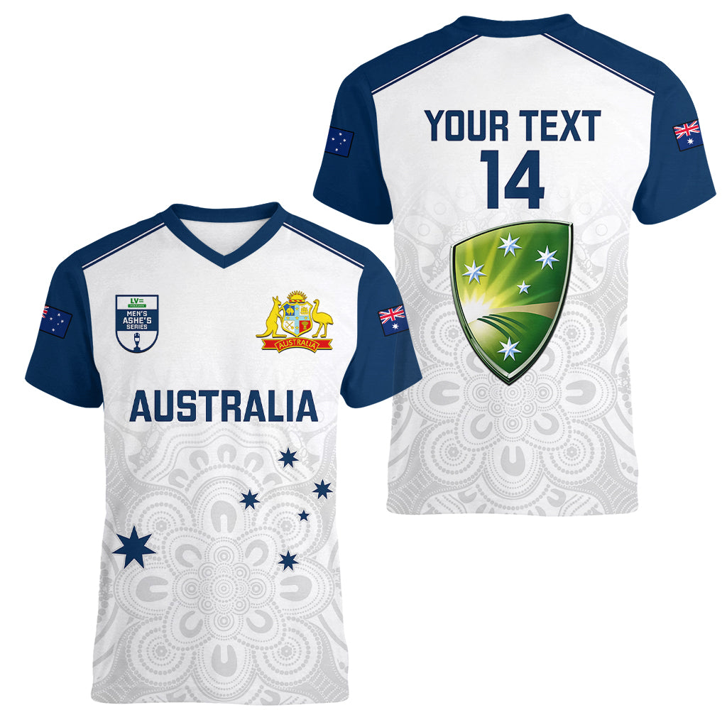 Personalised Australia Cricket Women V Neck T Shirt 2023 Ashes Go Aussie Indigenous Art - Wonder Print Shop