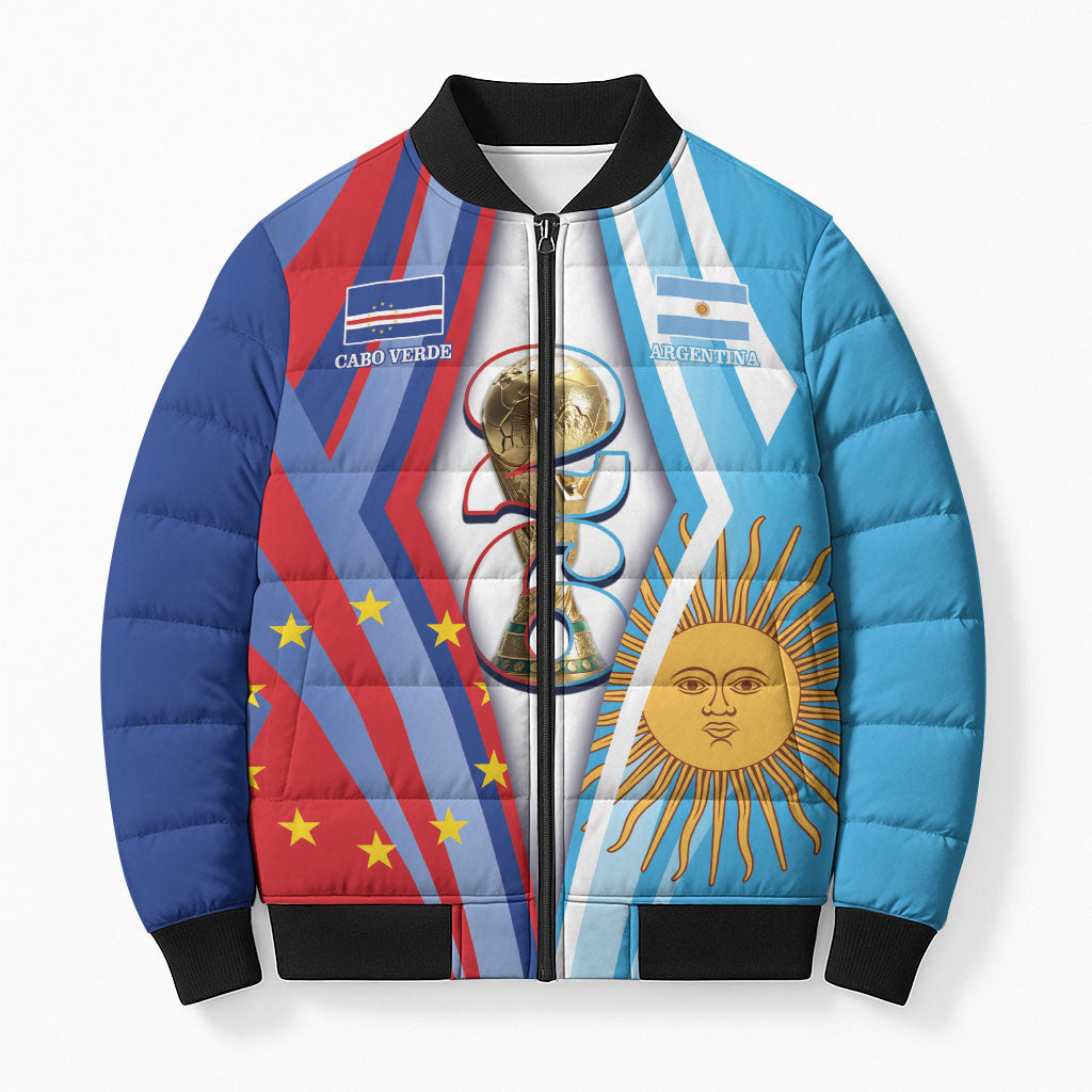 Custom Argentina and Cabo Verde Football 2026 Bomber Puffer Jacket La Albiceleste Tubaroes Azuis Together