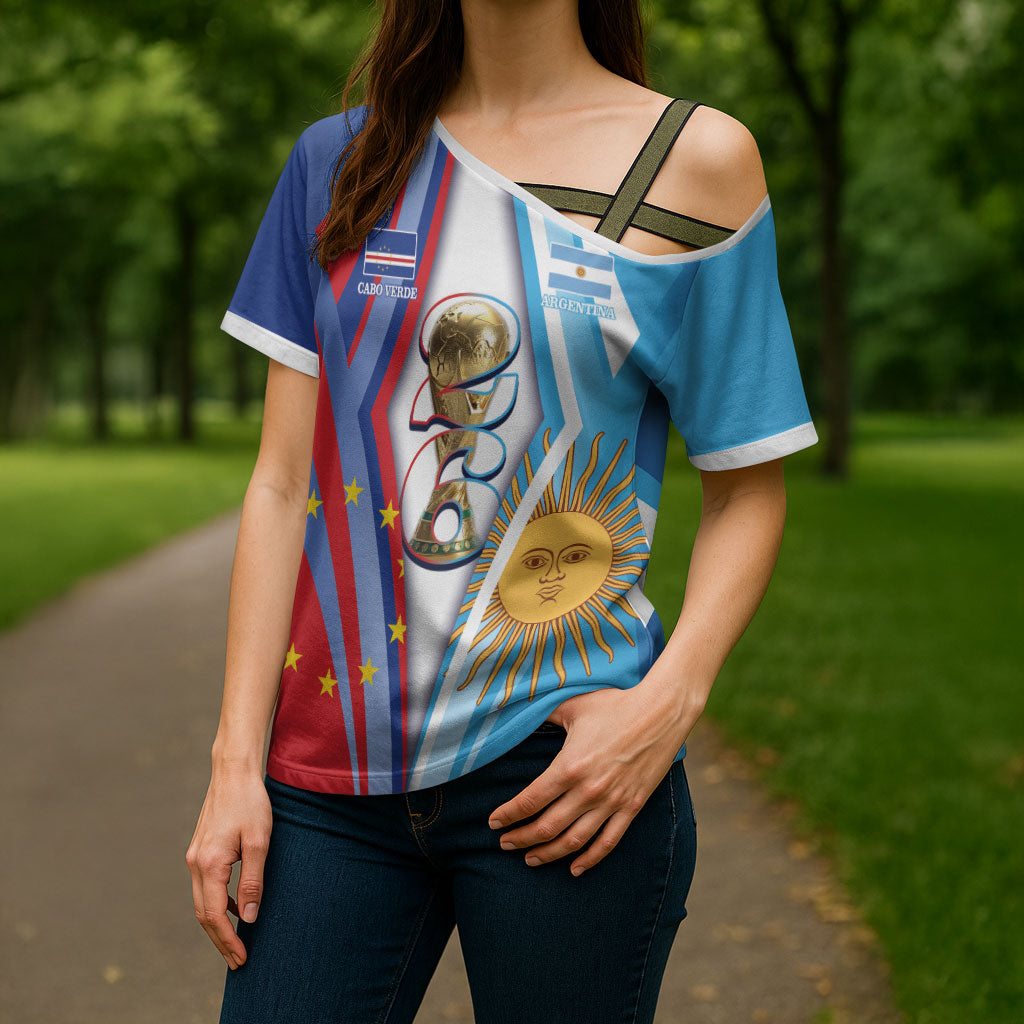 Custom Argentina and Cabo Verde Football 2026 Cross Shoulder Shirt La Albiceleste Tubaroes Azuis Together