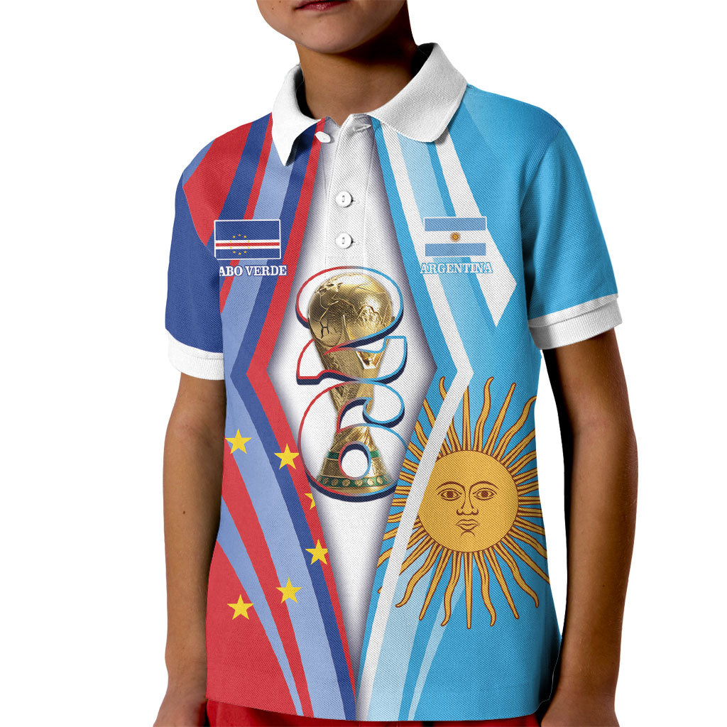 Custom Argentina and Cabo Verde Football 2026 Kid Polo Shirt La Albiceleste Tubaroes Azuis Together