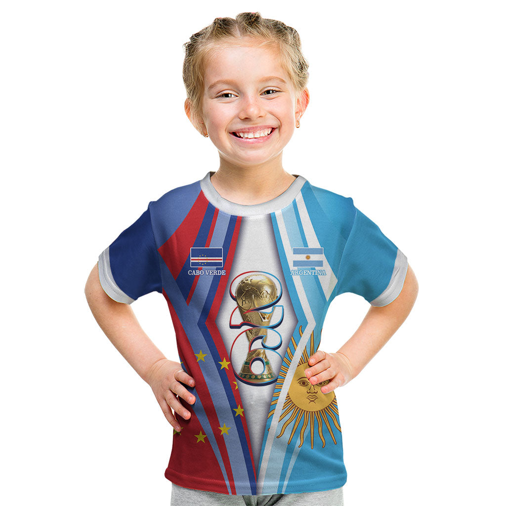 Custom Argentina and Cabo Verde Football 2026 Kid T Shirt La Albiceleste Tubaroes Azuis Together