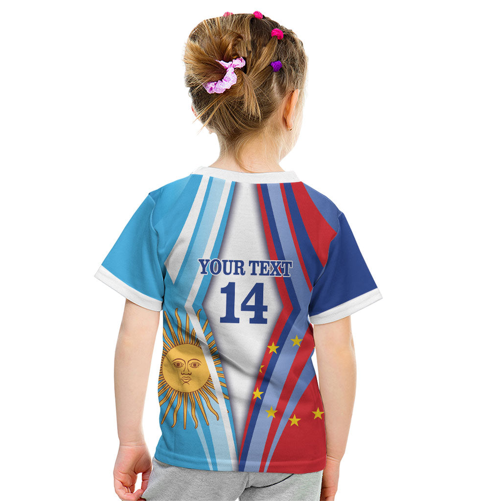 Custom Argentina and Cabo Verde Football 2026 Kid T Shirt La Albiceleste Tubaroes Azuis Together