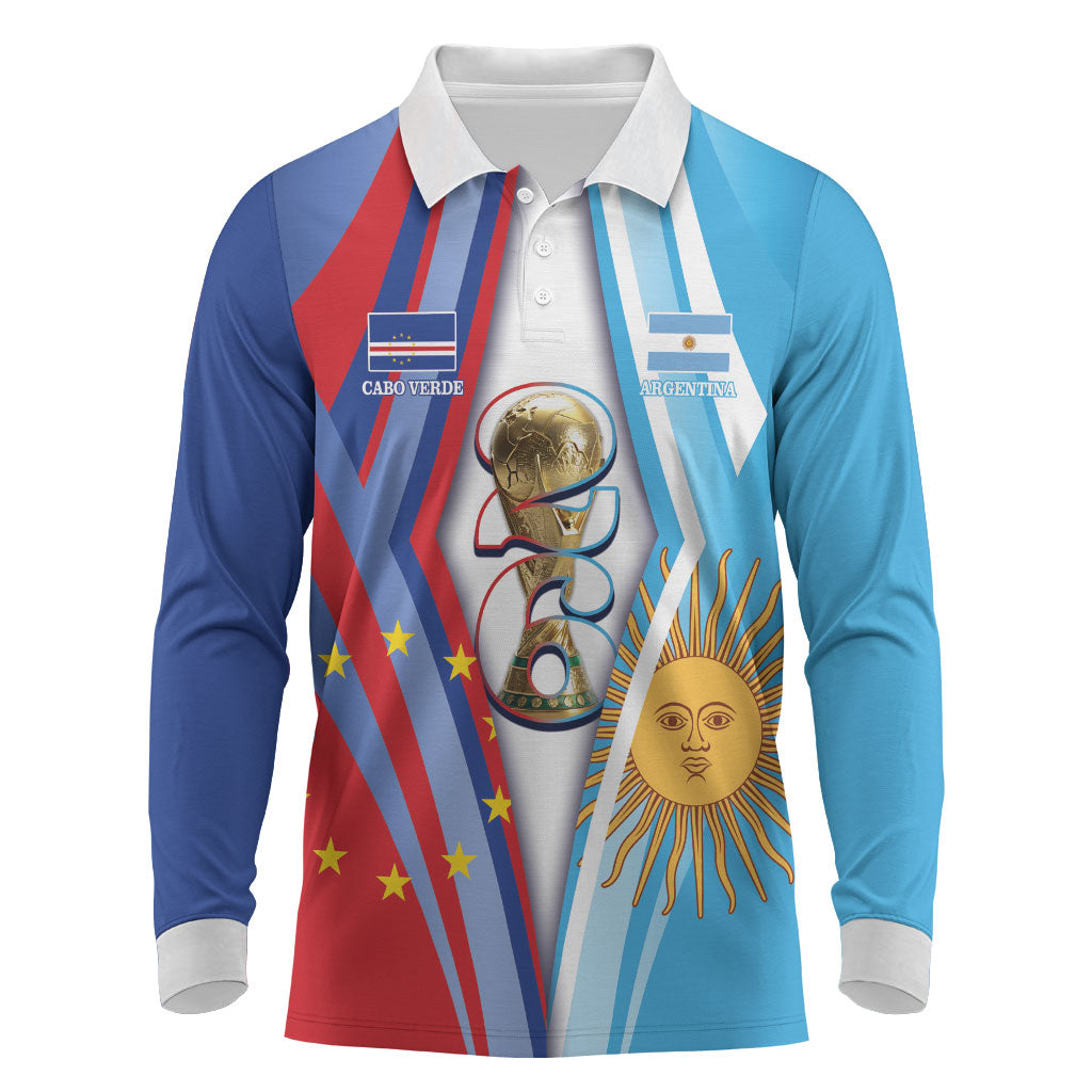 Custom Argentina and Cabo Verde Football 2026 Long Sleeve Polo Shirt La Albiceleste Tubaroes Azuis Together