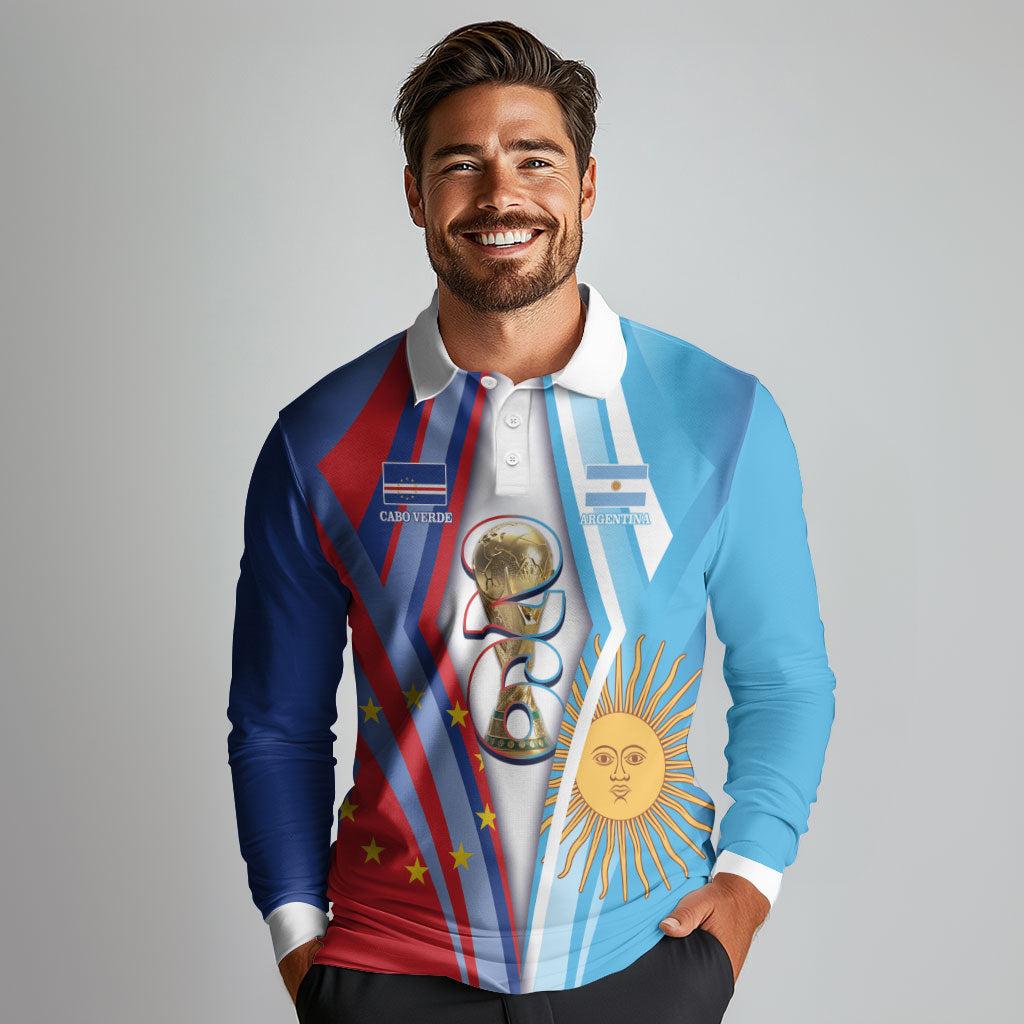 Custom Argentina and Cabo Verde Football 2026 Long Sleeve Polo Shirt La Albiceleste Tubaroes Azuis Together