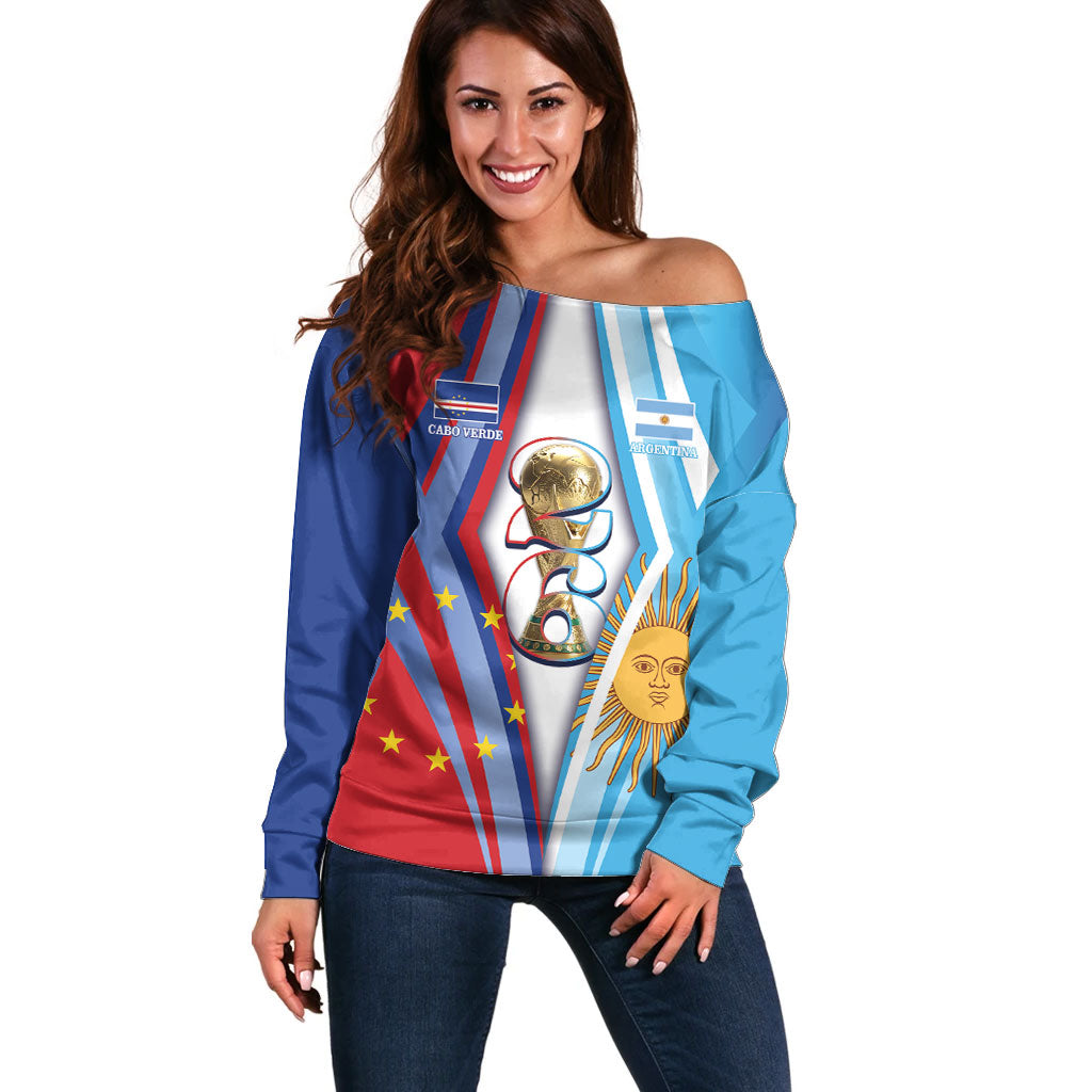 Custom Argentina and Cabo Verde Football 2026 Off Shoulder Sweater La Albiceleste Tubaroes Azuis Together