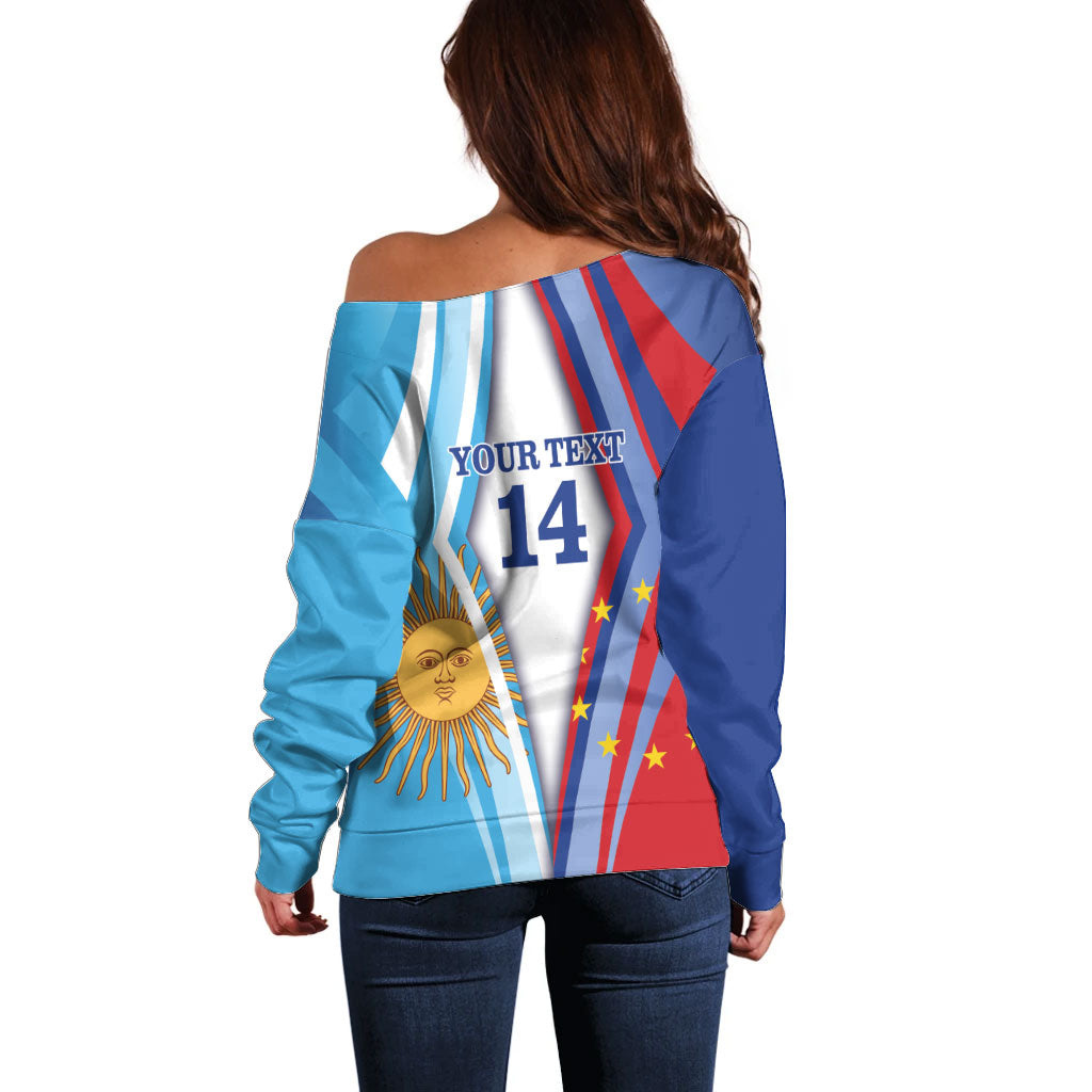 Custom Argentina and Cabo Verde Football 2026 Off Shoulder Sweater La Albiceleste Tubaroes Azuis Together