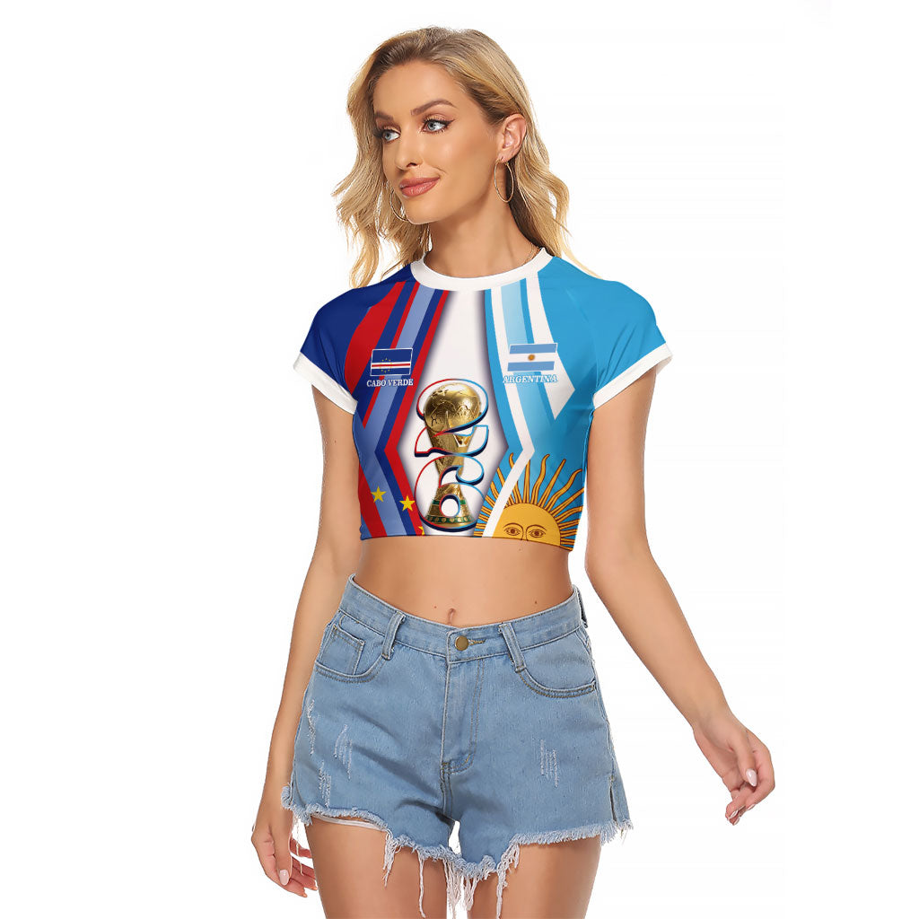 Custom Argentina and Cabo Verde Football 2026 Raglan Cropped T Shirt La Albiceleste Tubaroes Azuis Together