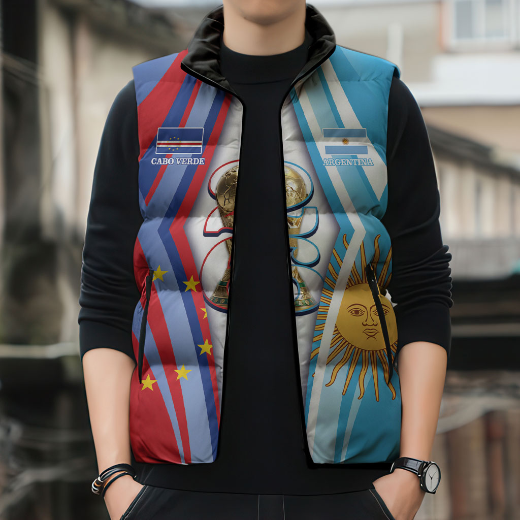Custom Argentina and Cabo Verde Football 2026 Sleeveless Puffer Jacket La Albiceleste Tubaroes Azuis Together